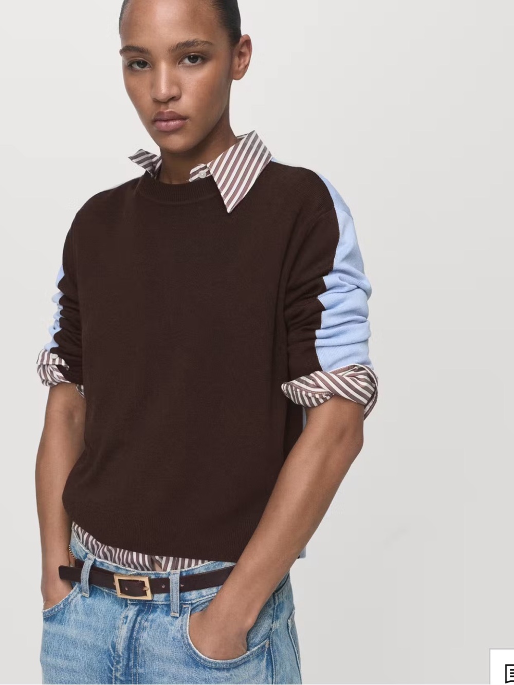 Mango Two-Tone Brown and Light Blue Crewneck Sweater